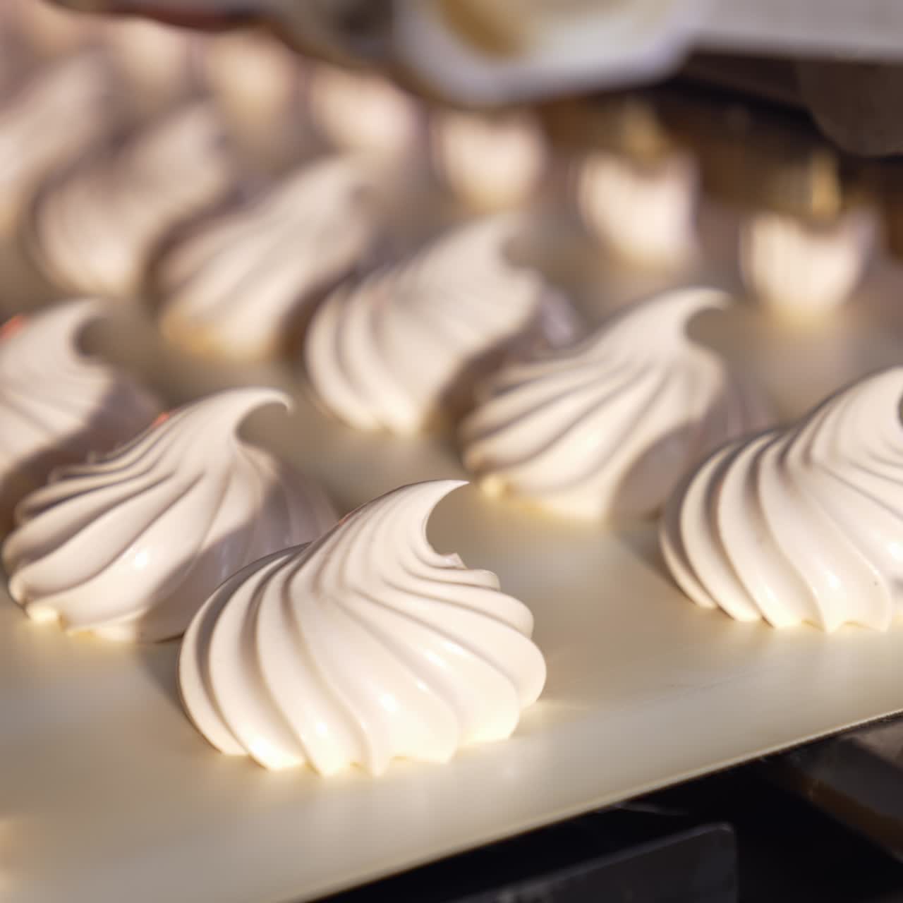 Industrial tasty marshmallow conveyor. Food sweety conveyor line