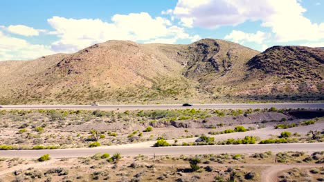 drone through desert road on a summer day