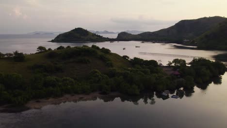 Komodo-Archipelago-Islands-in-Indonesia-Ocean-at-Sunset---Aerial