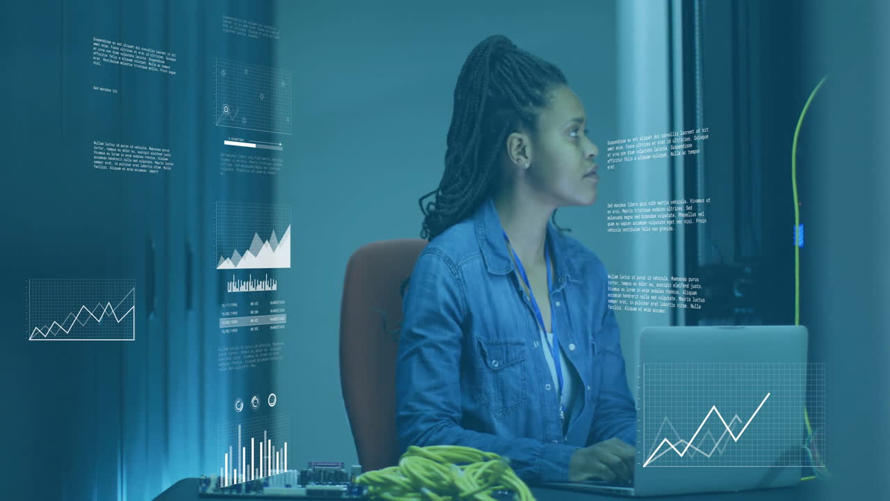 Animation of diagrams and data processing over biracial female worker in server room