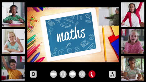 animation of interface screen with text, maths, teacher and six diverse children in online lesson