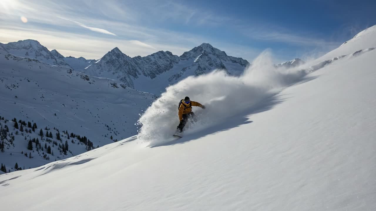 Uno sciatore entusiasta che traccia solchi nella neve fresca e polverosa su una maestosa catena montuosa sotto il brillante sole invernale, catturando l'emozione degli sport invernali.