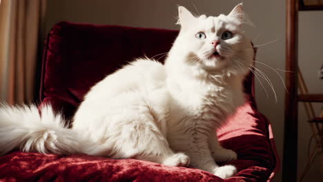 white cat on red velvet chair