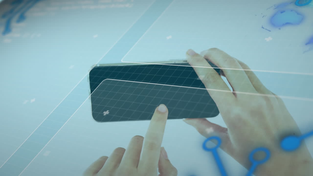 스마트 폰을 사용하는 백인 여성에 대한 데이터 처리 애니메이션