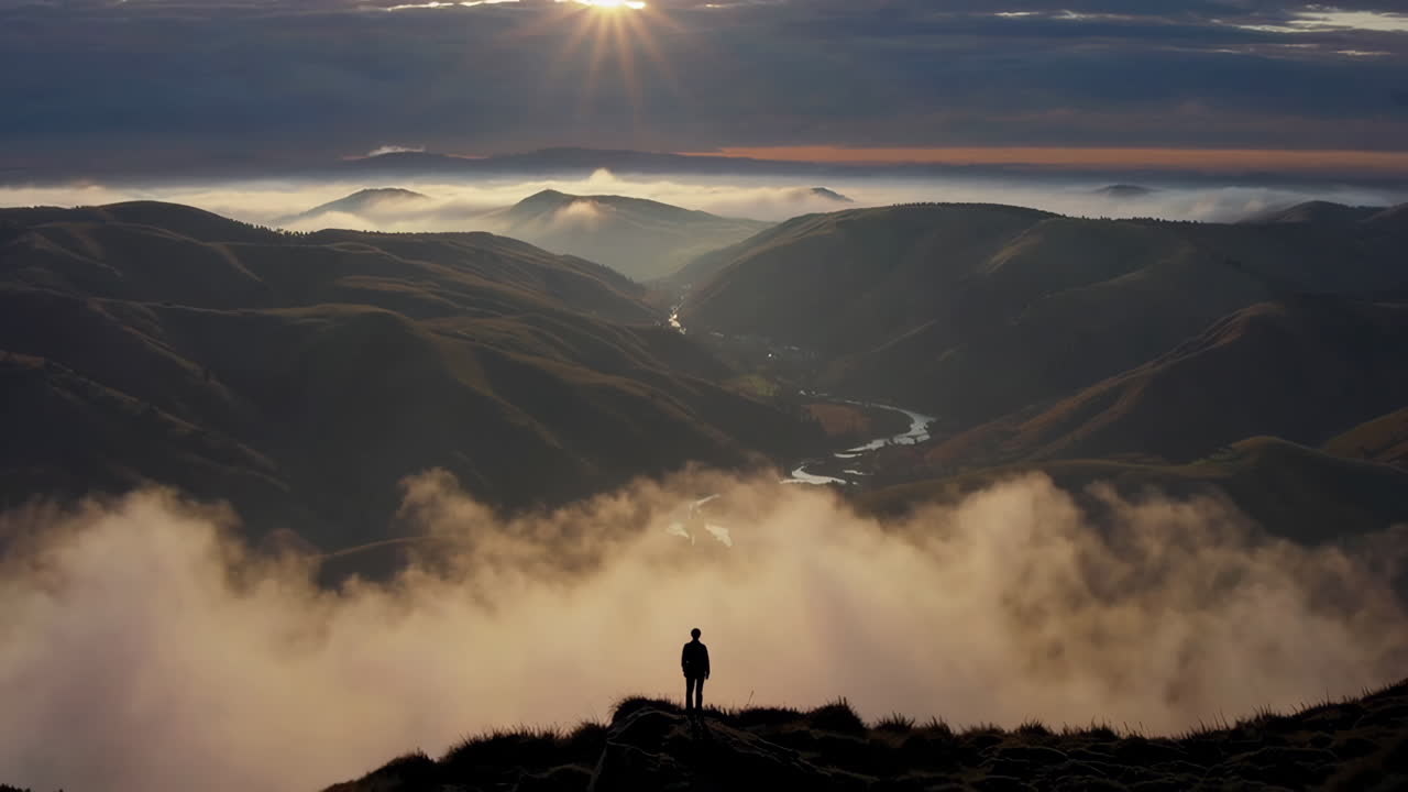 Sunrise Over Misty Mountain Valley with Silhouette Figure