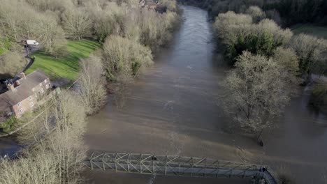 river seven in flood ironbridge england aerial drone footage