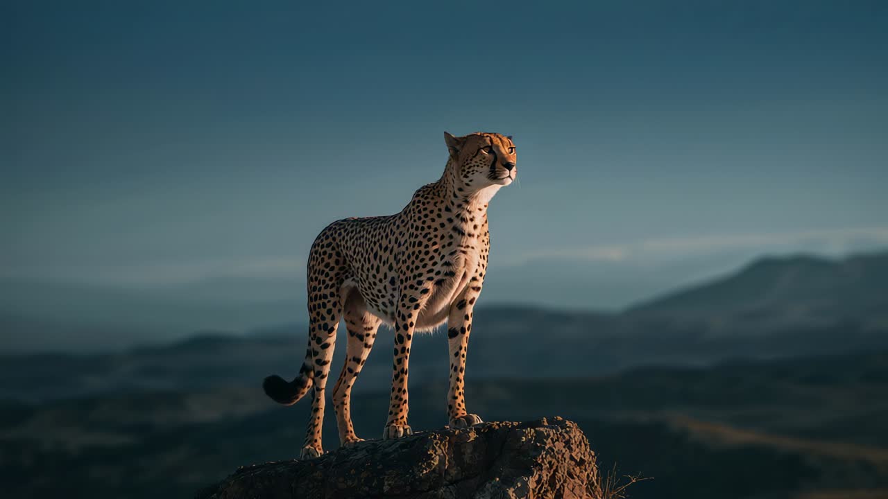 Emerging solitary adult cheetah scanning savanna valley from sunlit rock outcrop, seeking prey