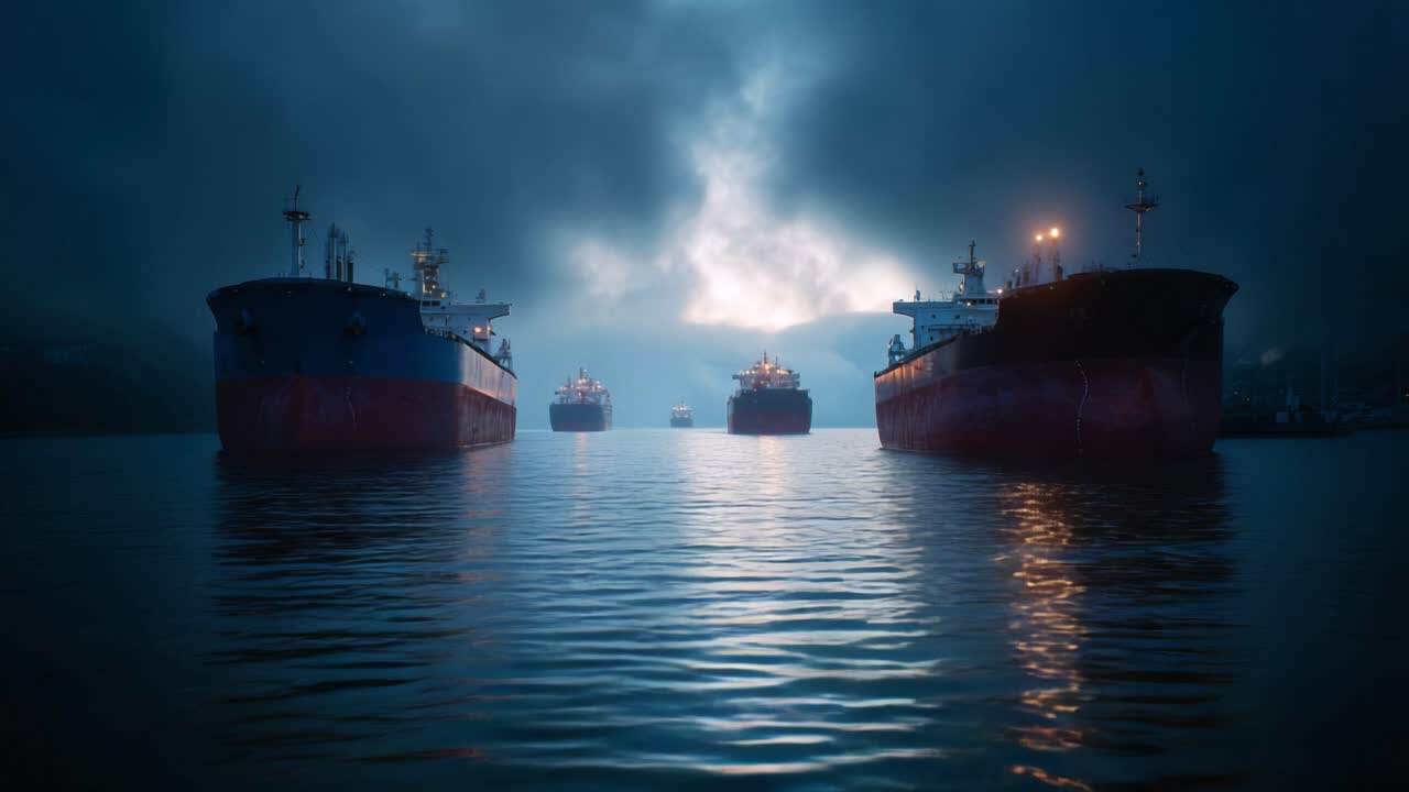 Nighttime harbor with large cargo ships docked under stormy sky. Lights reflect on calm water, creating moody atmosphere. Ships stand still, silent and imposing in dim light. Perfect for shipping