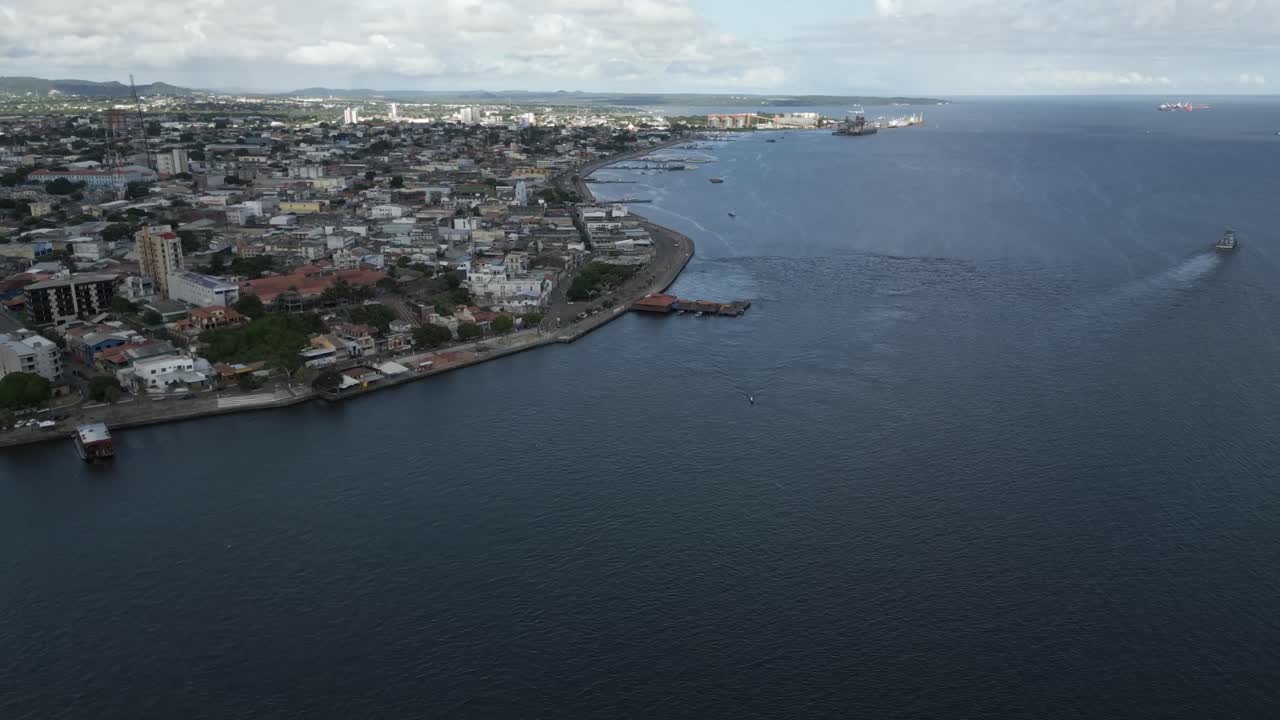 Aerial Riverside View of Santar&eacute;m Par&aacute; Skyline Brazil Tapaj&oacute;s and Amazon Rivers, Panoramic Cityscape Drone Shot