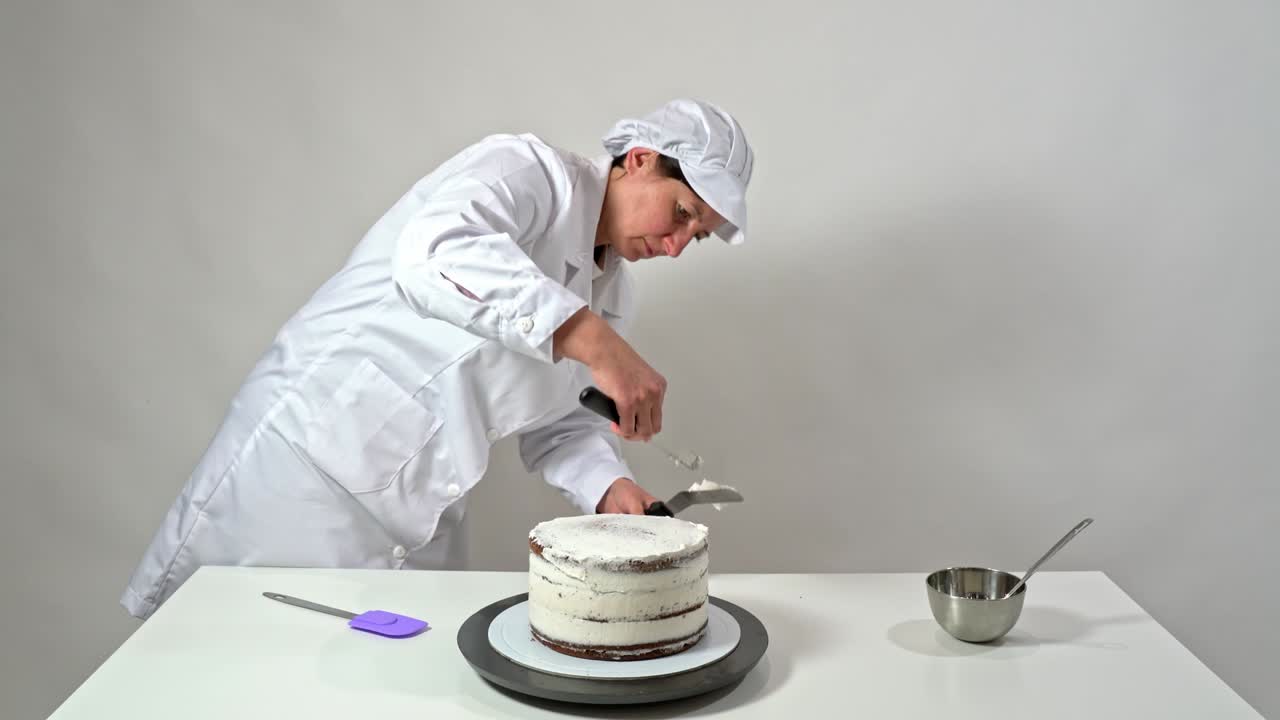 Inquadratura frontale di un pasticcere che usa una spatola per glassa per rifinire con cura i lati di una torta ricoperta di crema