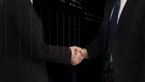 animation of data processing over businessman handshake