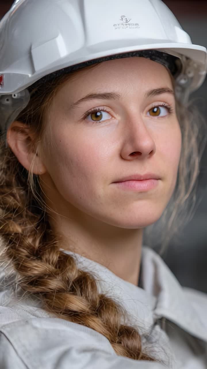 Una giovane donna determinata con un casco protettivo guarda pensierosa verso l'alto, incarnando forza e concentrazione nel suo ruolo e ispirando una cultura aziendale di sicurezza e dedizione.