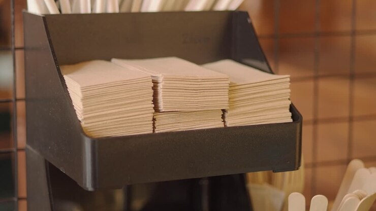 Brown Paper Napkins and Straws in a Cafe Dispenser