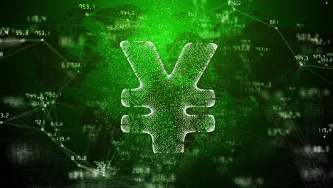 japanese yen sign on green background with changing financial indicators. lines and dots with moving numbers. abstract looped animation.