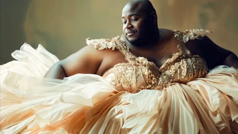 un hombre con un vestido dorado sentado en una cama