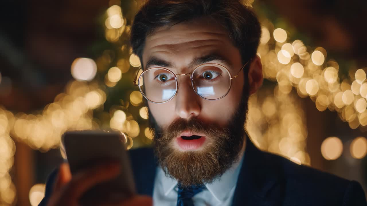 Astonished Expression: Man with Glasses Gazes at His Phone Amidst Blurred Background of Festive Lights, Capturing a Moment of Surprise and Wonder