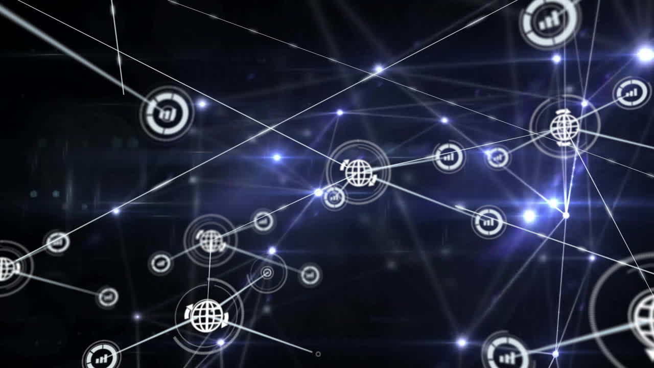 procesamiento de datos y conexiones de red animación con nodos brillantes en fondo oscuro