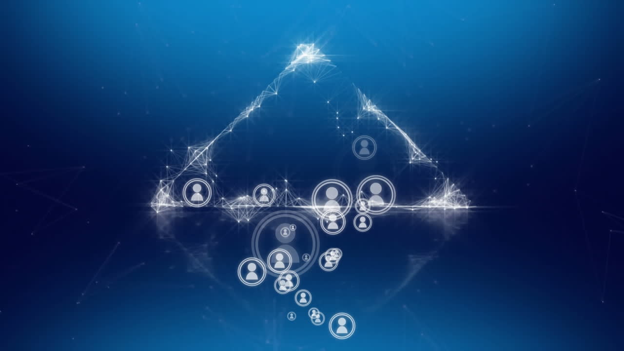 디지털 아이콘의 애니메이션과 파란색 배경의 데이터 처리