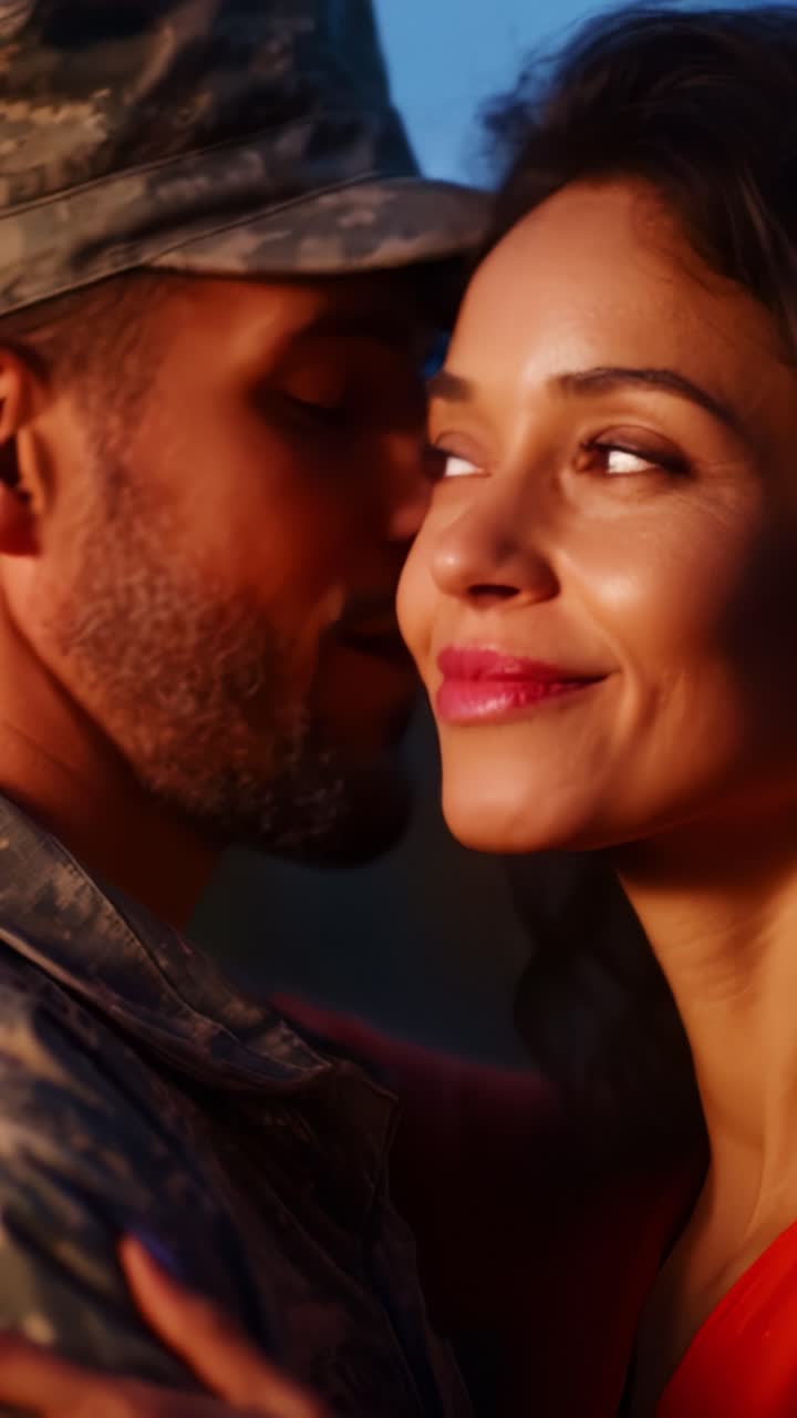 A tender moment between a soldier and his partner, showcasing love, connection, and intimacy against a beautifully lit background at sunset