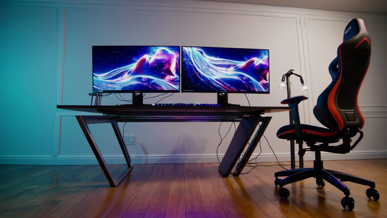 Modern Gaming Desk Setup with Vibrant RGB Lighting