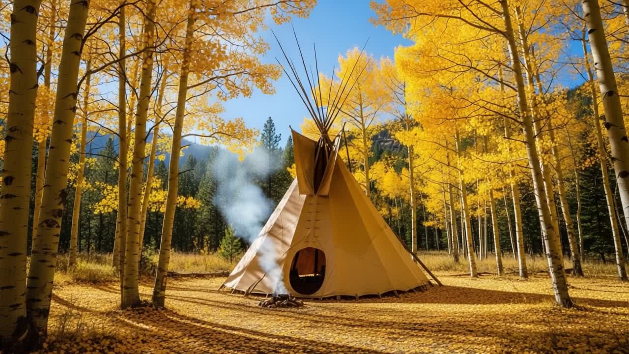 A Vibrant Autumn Scene Featuring a Traditional Teepee Surrounded by Lush Golden Aspens and Crisp Blue Skies, Evoking a Sense of Serenity and Connection to Nature