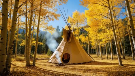 a vibrant autumn scene featuring a traditional teepee surrounded by lush golden aspens and crisp blue skies, evoking a sense of serenity and connection to nature