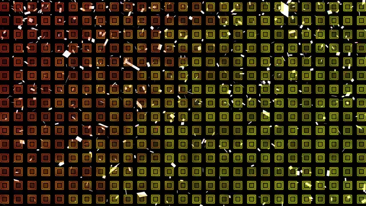Frammenti che fluttuano su uno sfondo nero, avviando una griglia che cambia forma e colore, mentre schegge crescenti mostrano un mutamento.