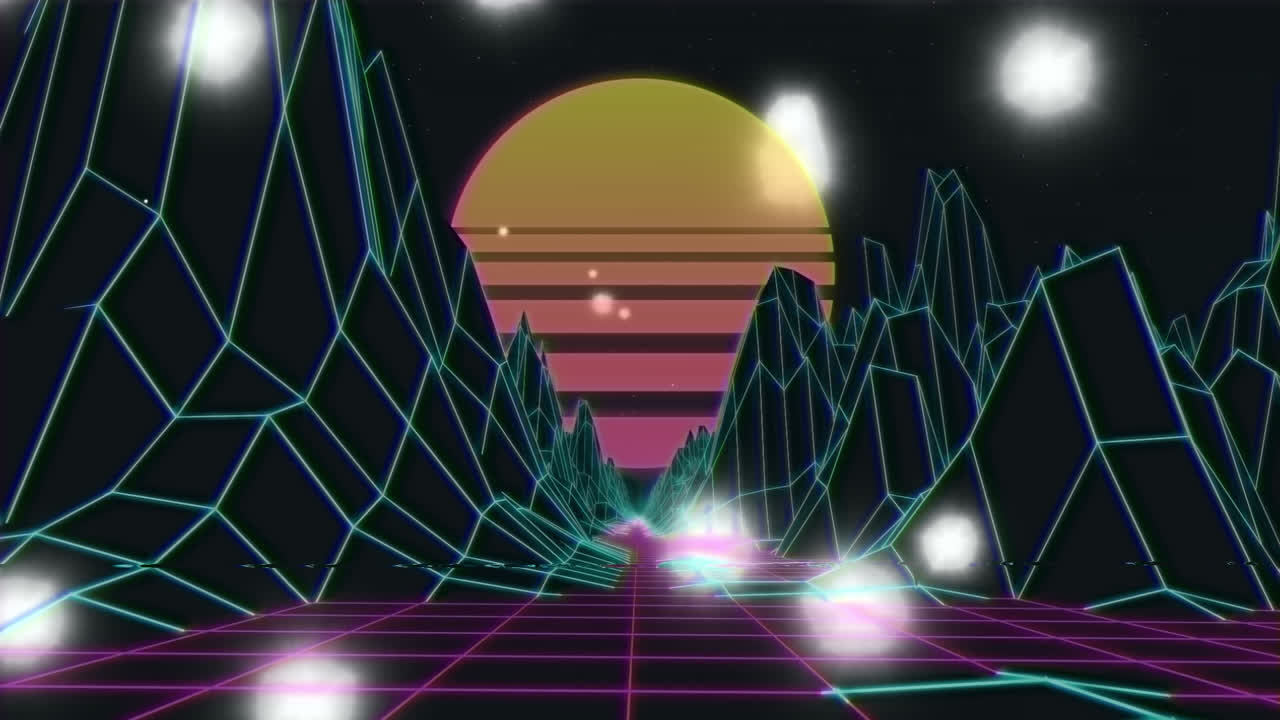 디지털 풍경 및 태양 오버 그리드의 애니메이션