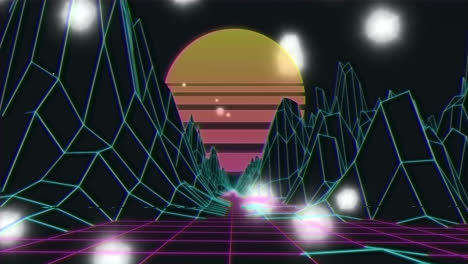 Animation-of-digital-landscape-and-sun-over-grid