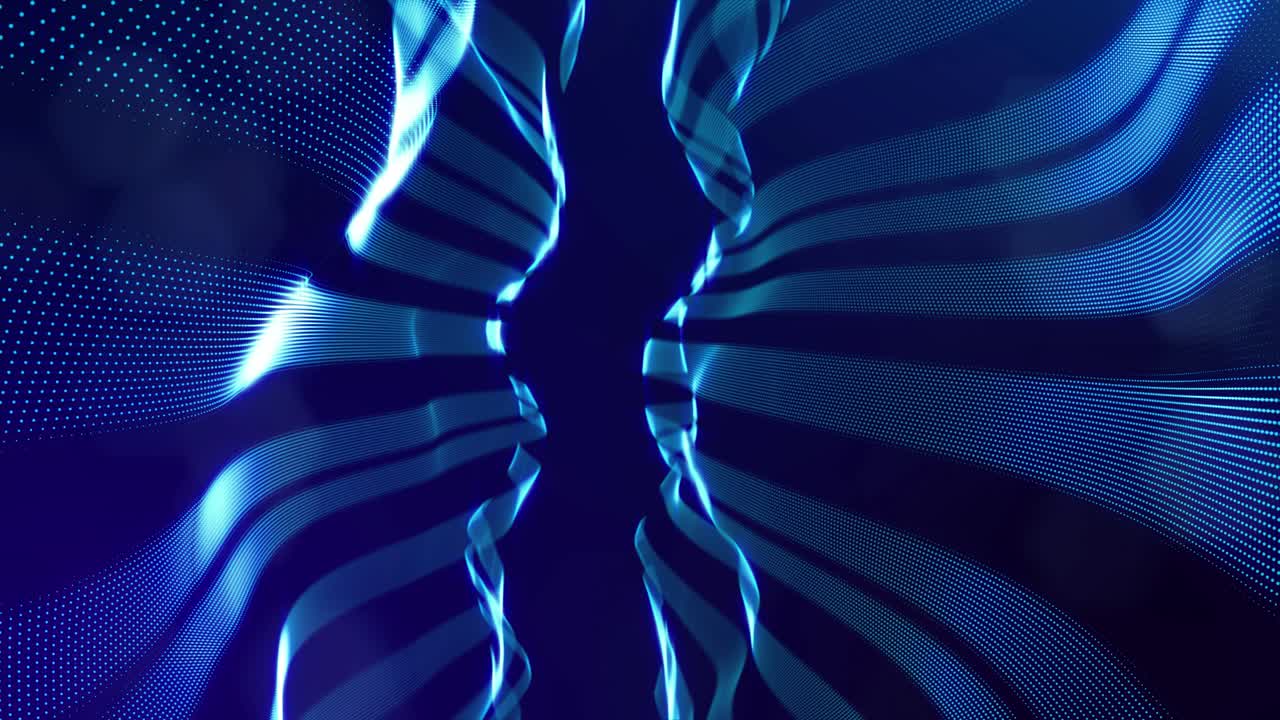 bg de alta tecnología azul con partículas brillantes forman una estructura de rayas complejas. espacio digital de ciencia ficción en bucle 3d, las partículas forman líneas y ondas de superficie. concepto de flujo de información de alta tecnología, blockchain. dof