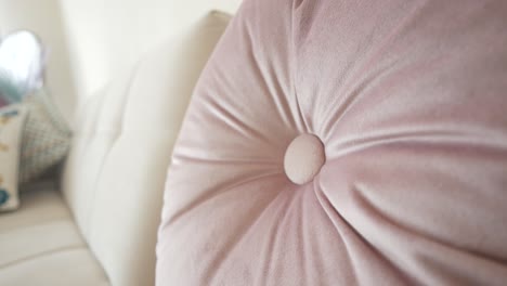 pink velvet round pillow on a sofa