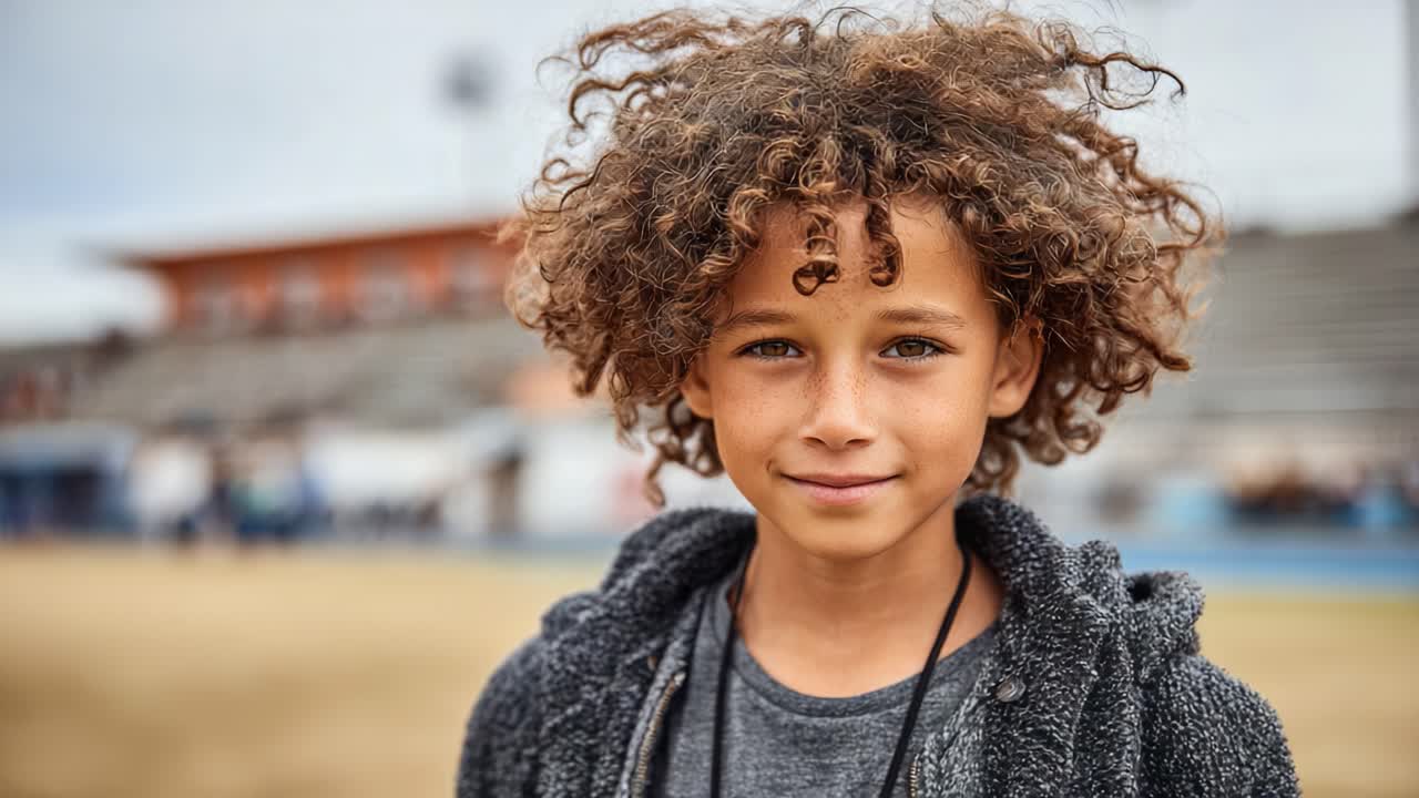 Un Gioioso Giovane Ragazzo con Bellissimi Capelli Ricci Sorride Fiduciosamente alla Macchina Fotografica in una Giornata di Sole all'Aperto, Emanando Fascino e Felicità nella Sua Espressione.