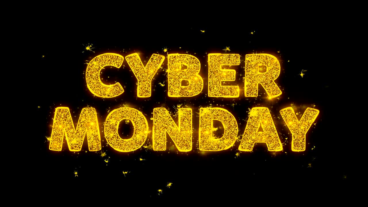 el texto de cyber monday hace chispas en el fondo negro.