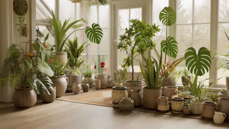 indoor garden with potted plants in a sunroom