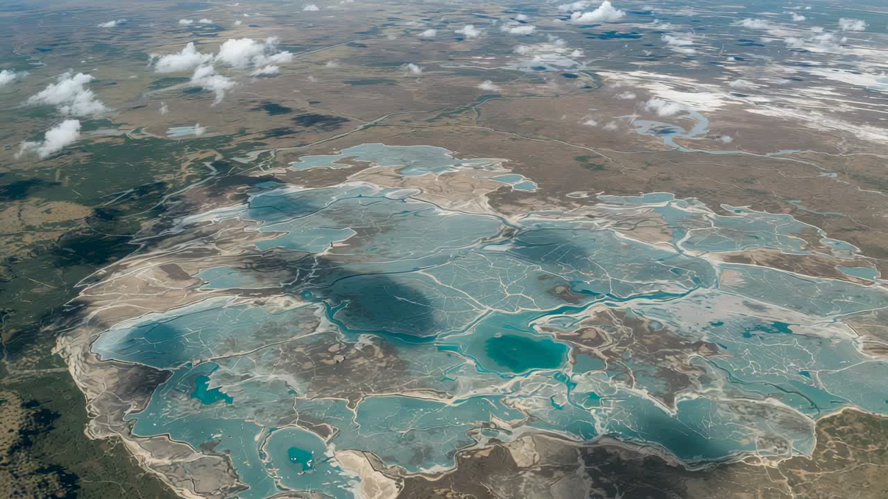 Launching drone surveying desert terraced turquoise pools, capturing shifting cloud shadows