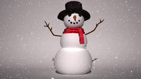 Animation-of-snow-falling-over-smiling-snowman-on-grey-background
