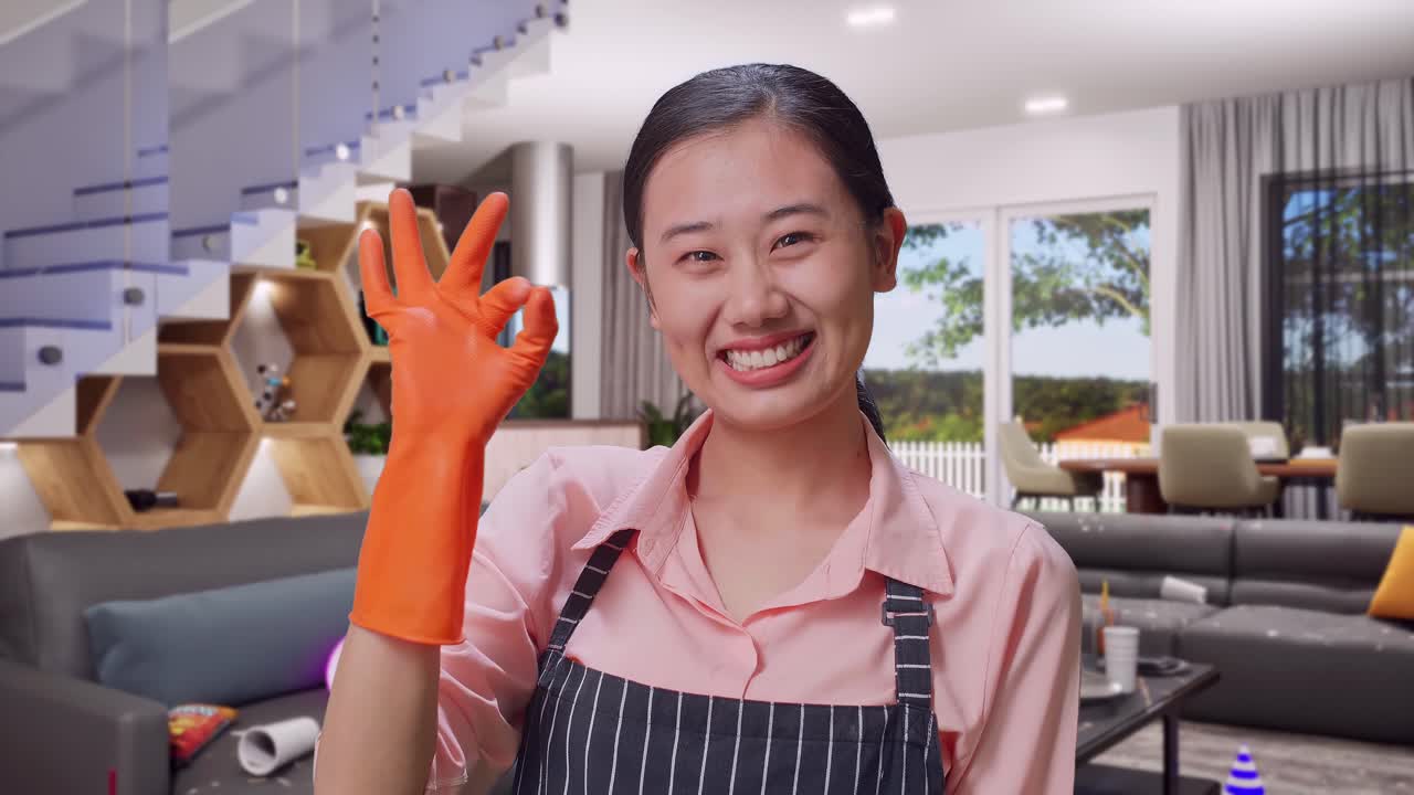 Happy Cleaning Lady Giving the Okay Sign in a Messy Living Room
