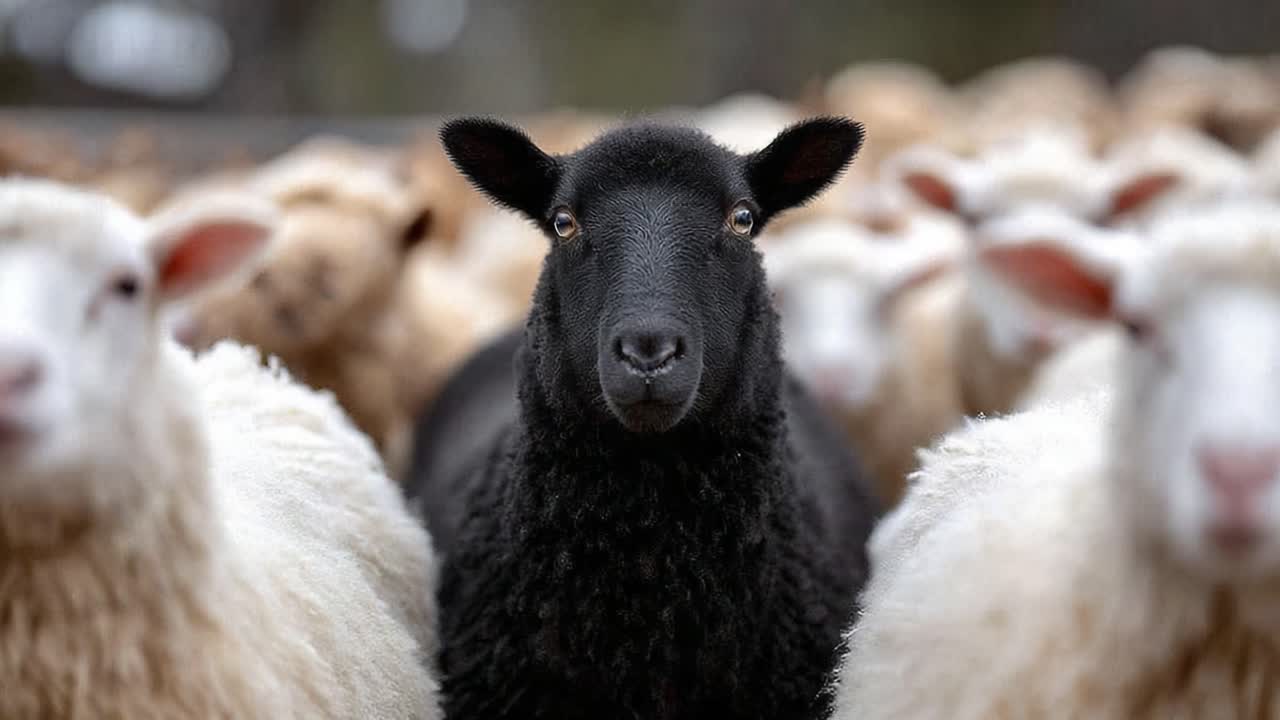 A Captivating Contrast: A Unique Black Sheep Stands Out Amidst a Crowd of White Sheep in a Serene Pastoral Setting, Highlighting Individuality in Nature