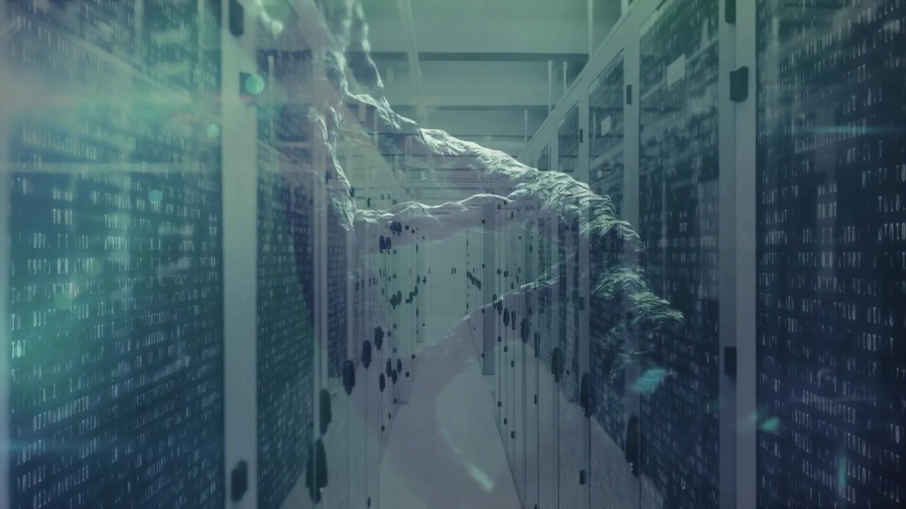 Floating code streams forming digital arm emerging at left side scanning server racks retracting
