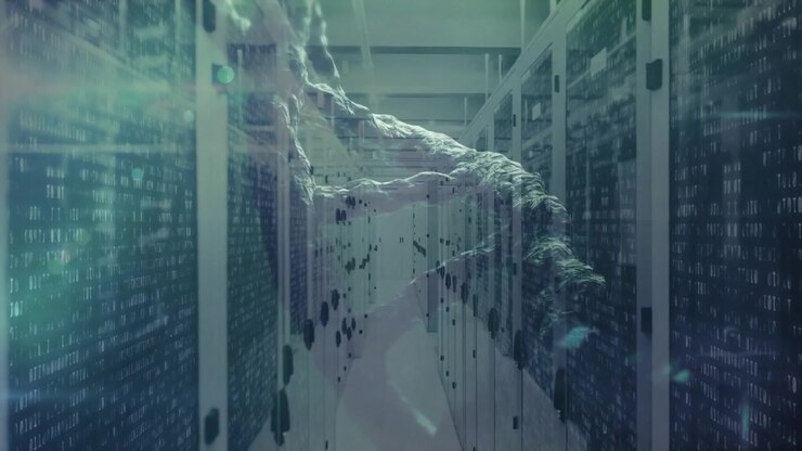 Floating code streams forming digital arm emerging at left side scanning server racks retracting
