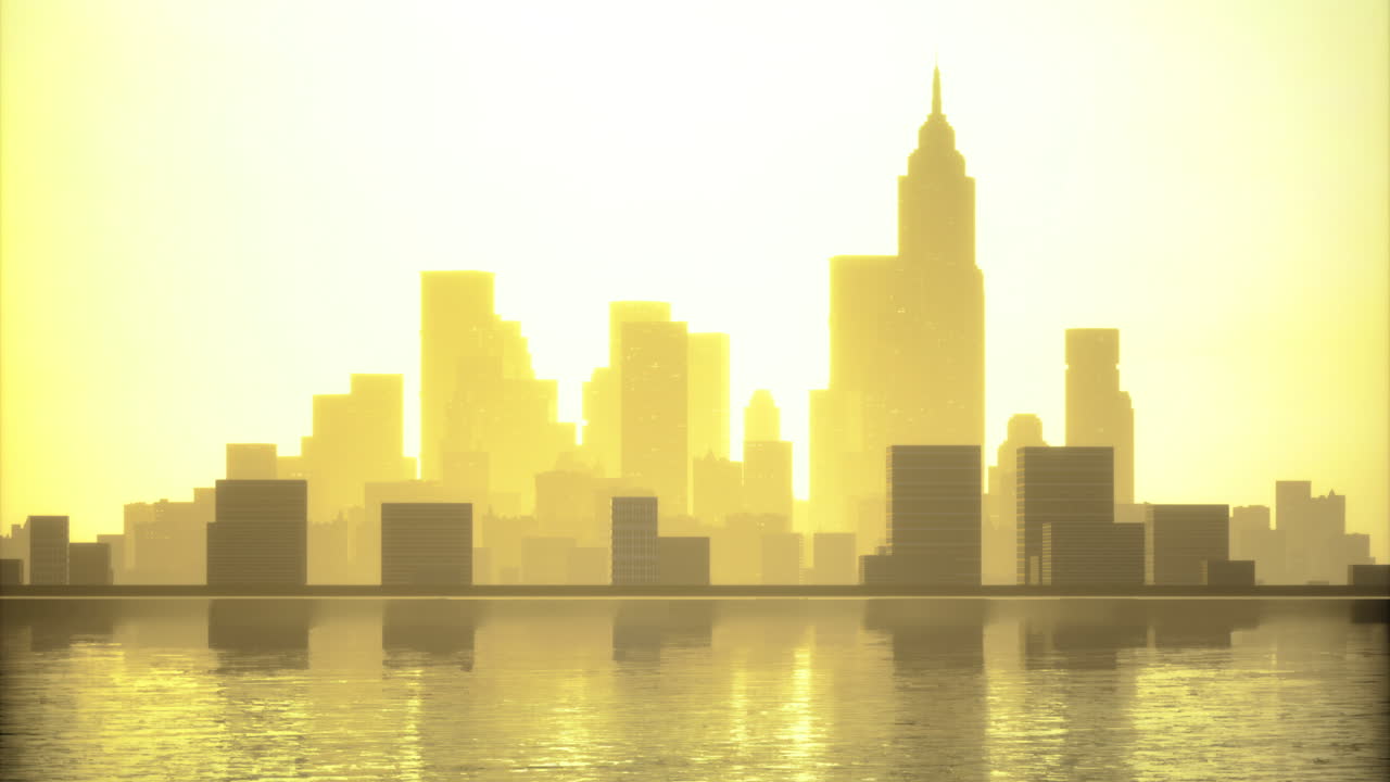Silhouette of a city skyline with golden sunlight reflecting on water