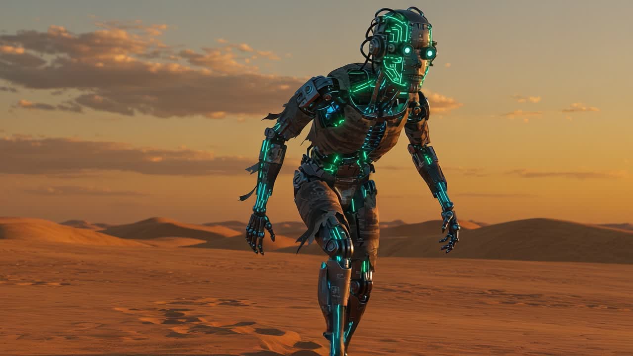 A futuristic robotic figure, illuminated with vibrant blue and green lights, traverses a vast desert landscape under a warm sunset, symbolizing technology's fusion with nature