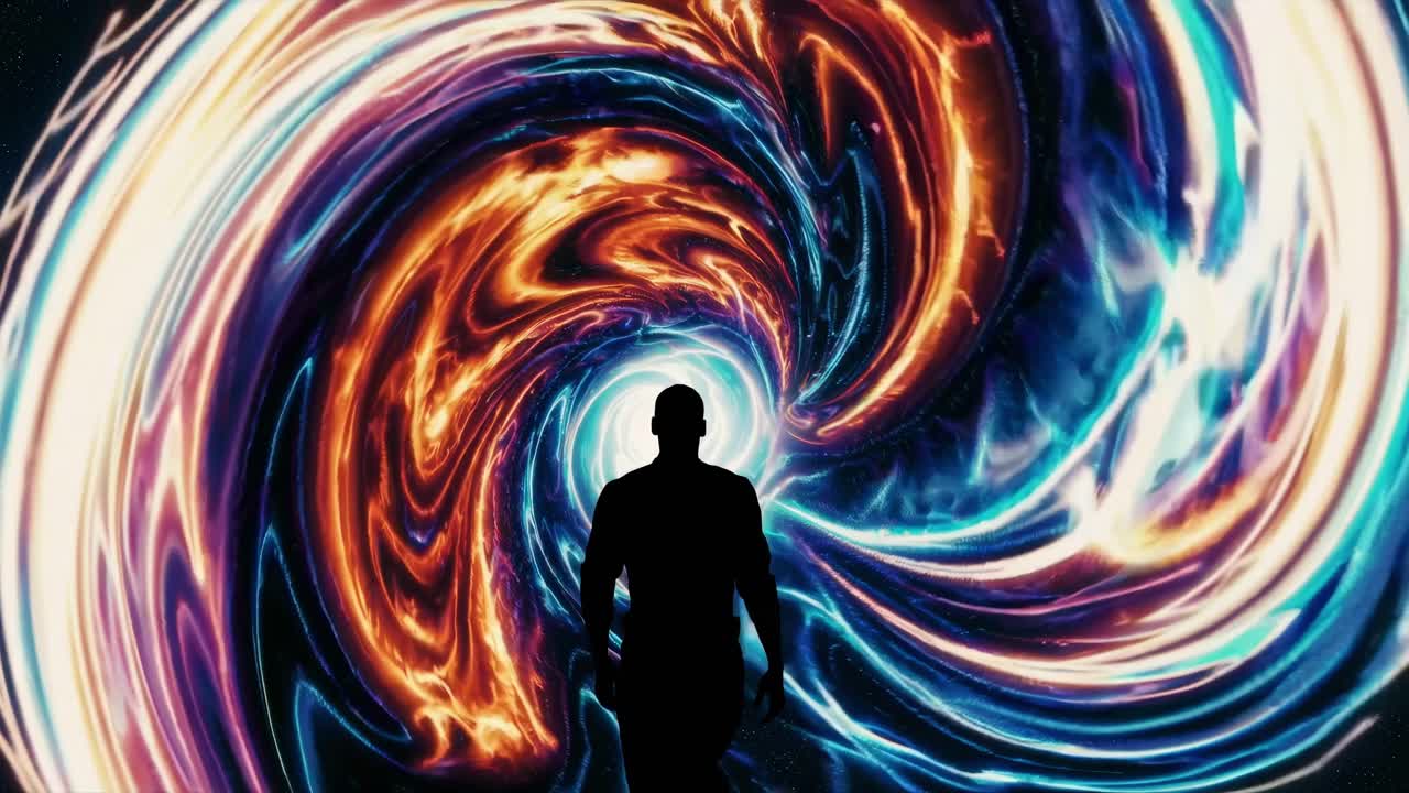 Silhouette of a person walking into a swirling vortex of vibrant colors