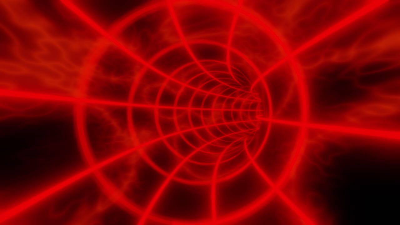 Red color animation loop with glowing lights. Interdimensional tunnel background 3d