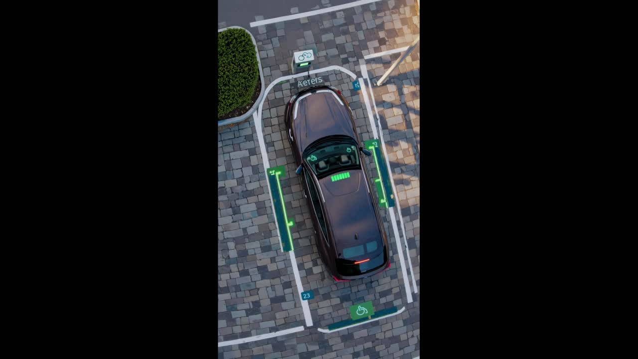 Modern electric car charging at a dedicated charging station in a parking area, showcasing the future of transportation and sustainable energy solutions