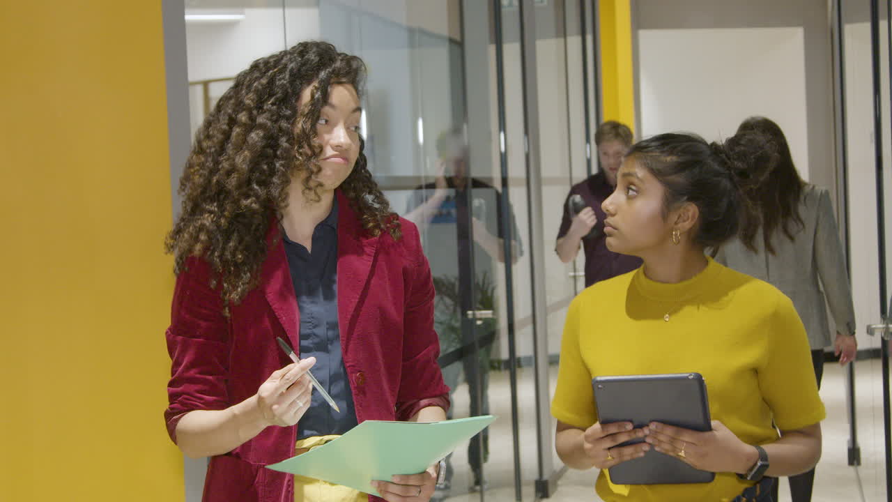 Two Female Business Colleagues Talking In A Corridor