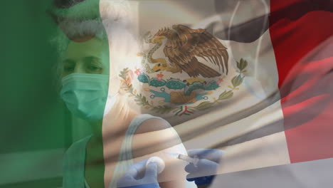 animación de la bandera de nigeria ondeando sobre el médico con máscara facial y con la vacuna en la mano