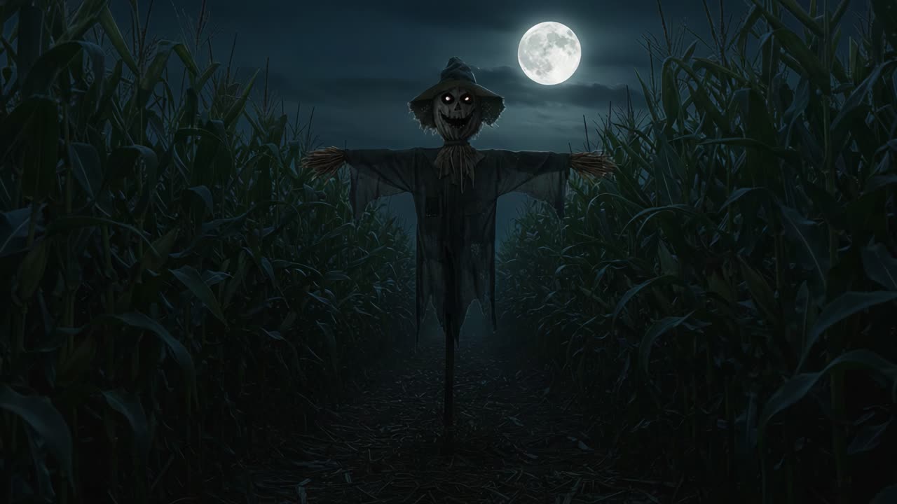 A Sinister Scarecrow Comes to Life Under the Full Moon, Illuminated by its Eerie Glow, Standing Alone Amongst the Dark Cornfield at Night