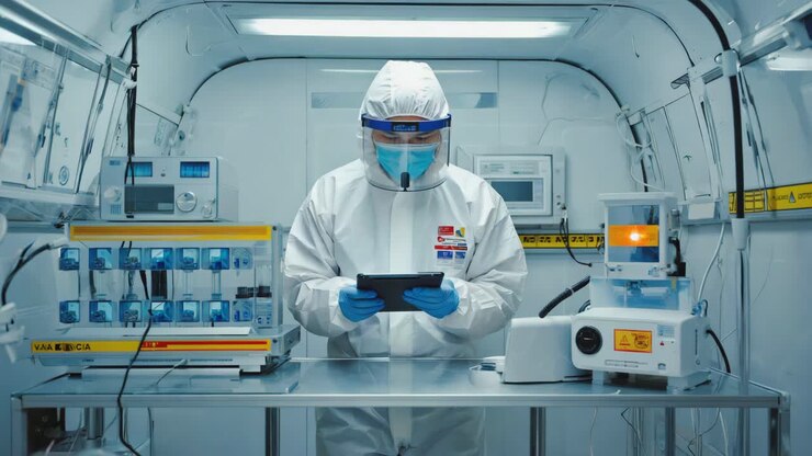 Scientist working in a laboratory with protective suit and tablet