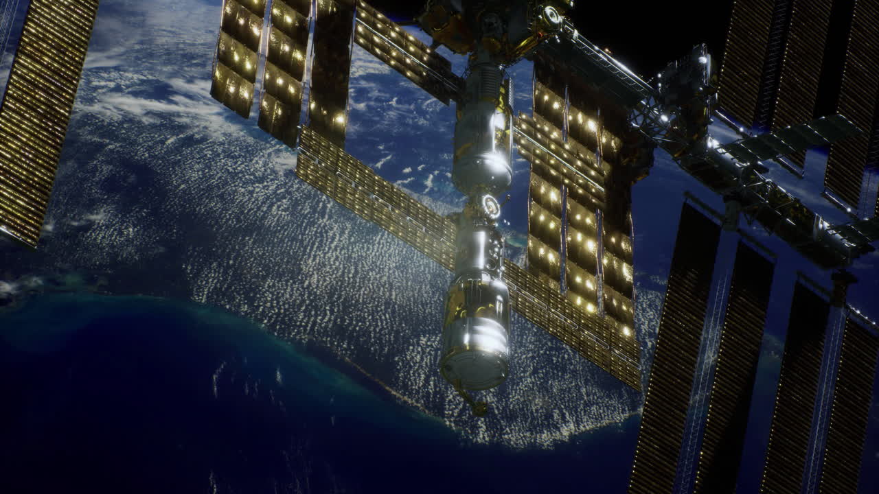 International space station orbits earth on a clear evening